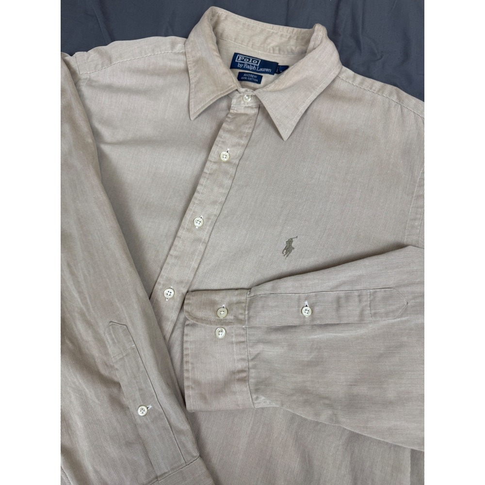 Vintage Polo Ralph Lauren Andrew L/S Shirt Mens 17.5 Tan Beige Cotton Button Up